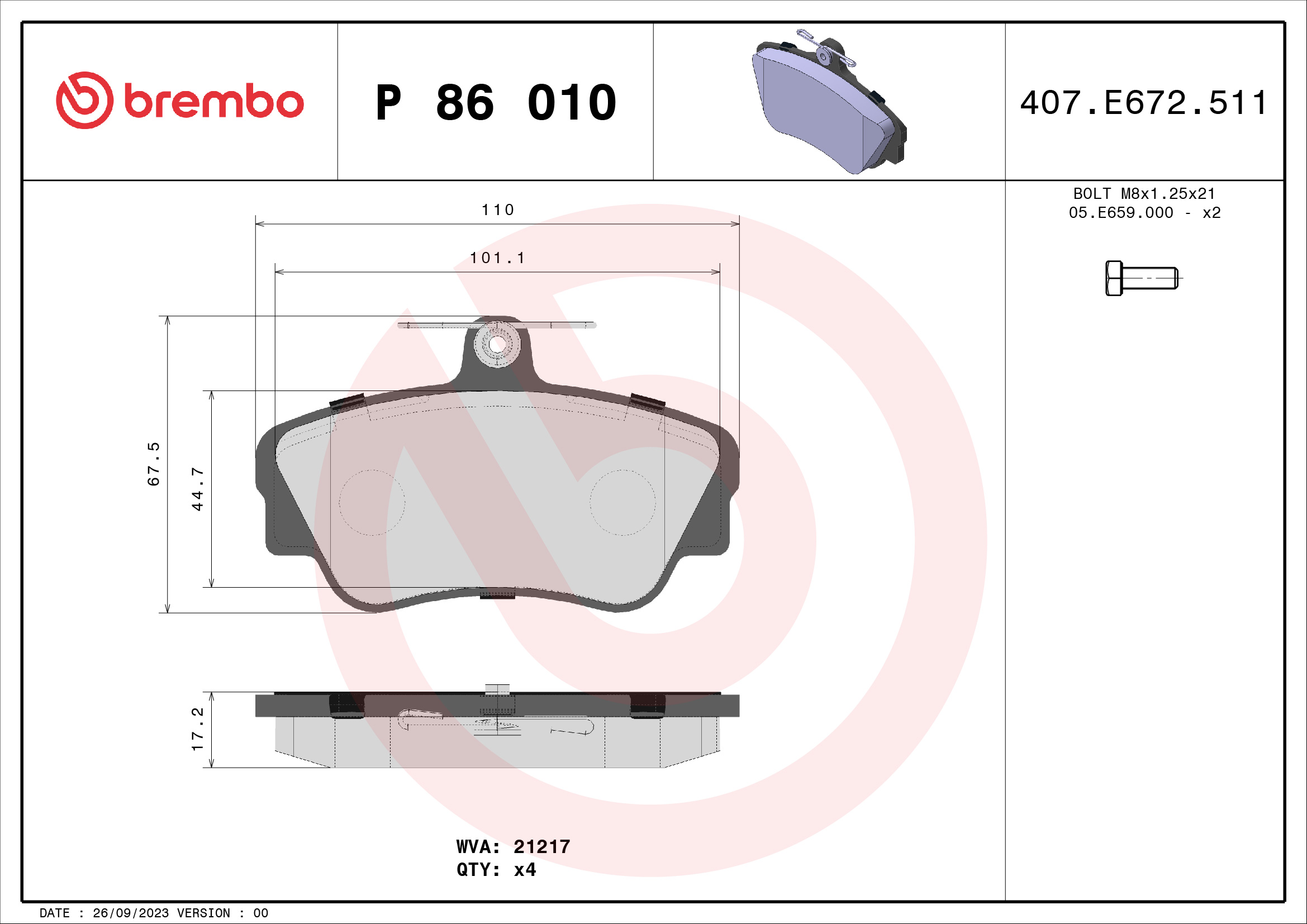 A.B.S. P 86 010 BREMBO Bremsbelagsatz, Scheibenbremse